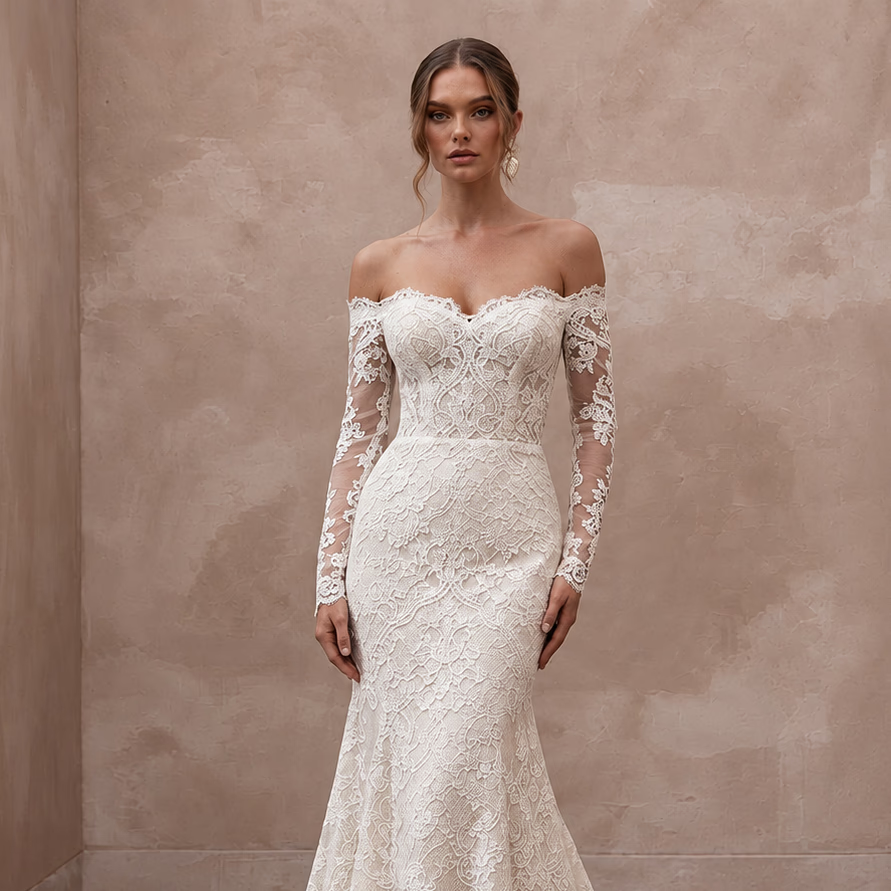 Ivory Alençon Lace Off-the-Shoulder Long Sleeve Fit-and-Flare Gown