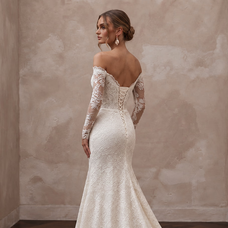 Ivory Alençon Lace Off-the-Shoulder Long Sleeve Fit-and-Flare Gown