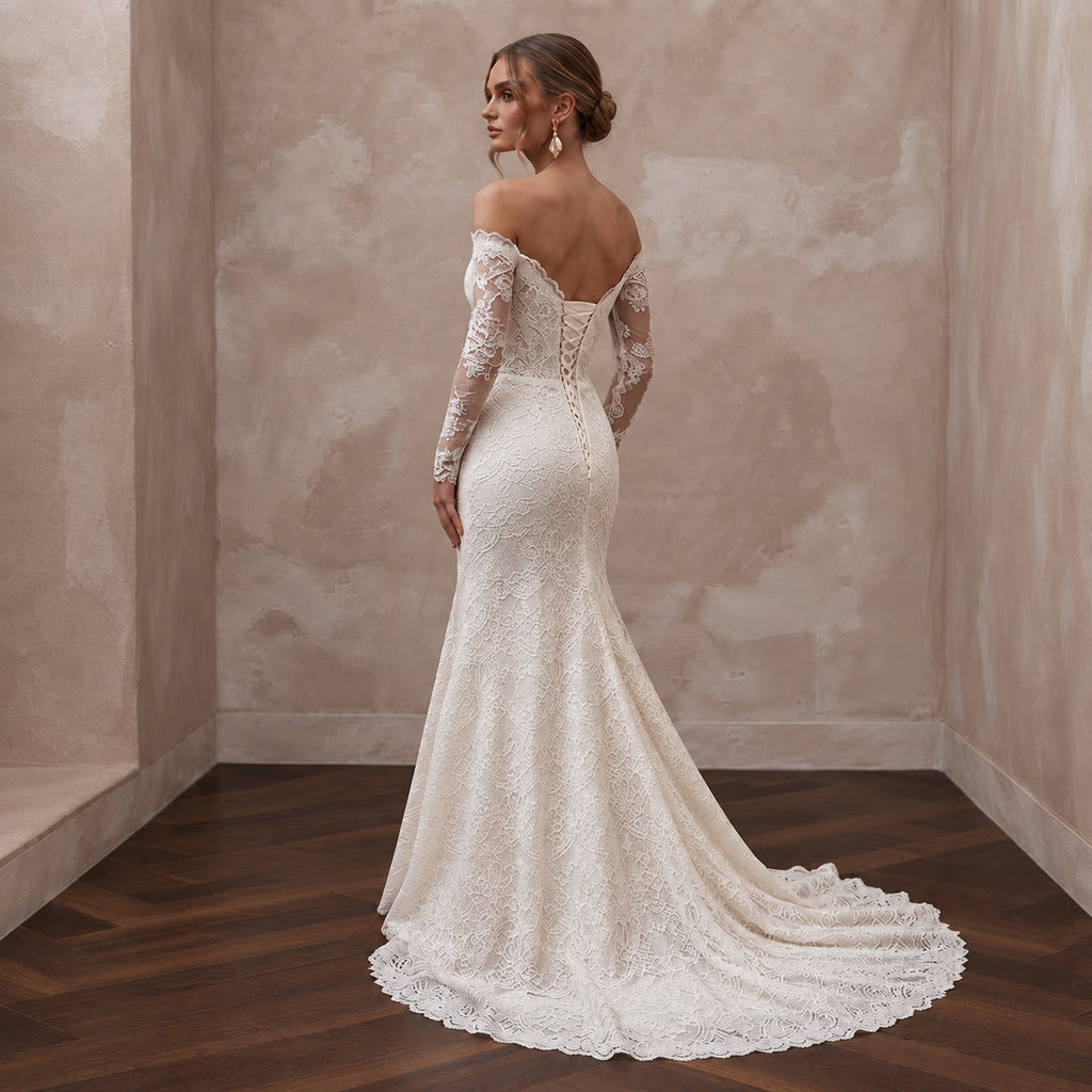 Ivory Alençon Lace Off-the-Shoulder Long Sleeve Fit-and-Flare Gown