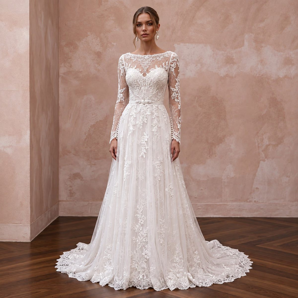 Ivory Chantilly Lace Long Sleeve A-Line Wedding Dress for Winter Elopement