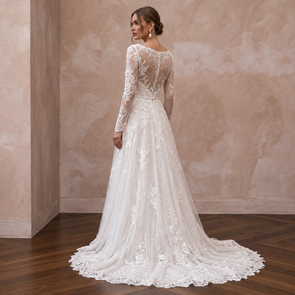 Ivory Chantilly Lace Long Sleeve A-Line Wedding Dress for Winter Elopement Secondary image