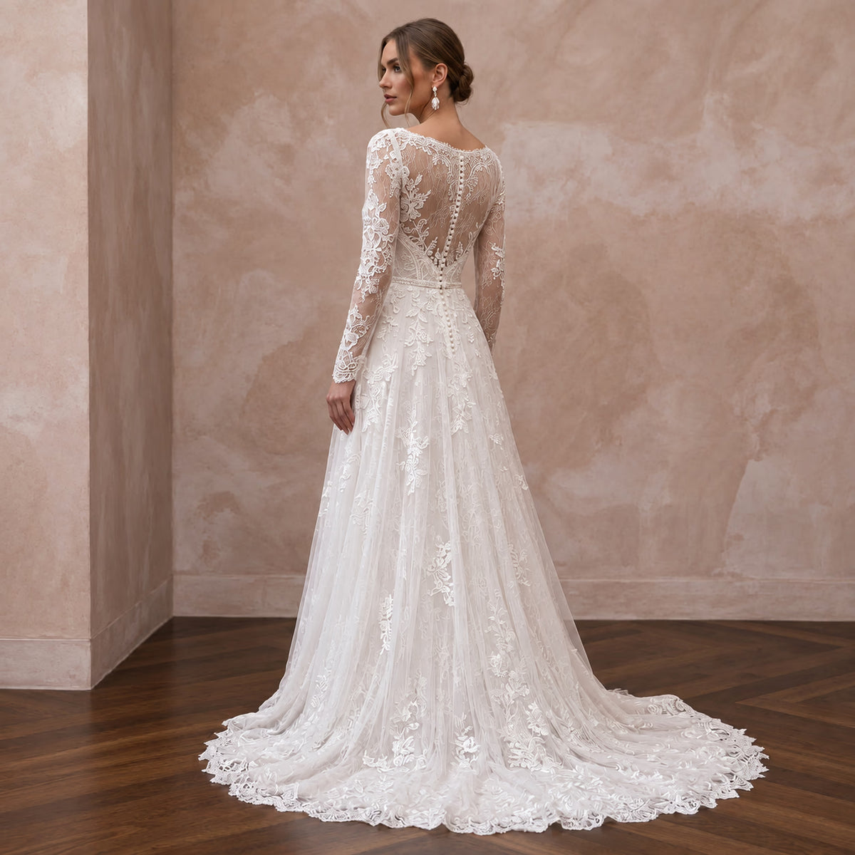 Ivory Chantilly Lace Long Sleeve A-Line Wedding Dress for Winter Elopement