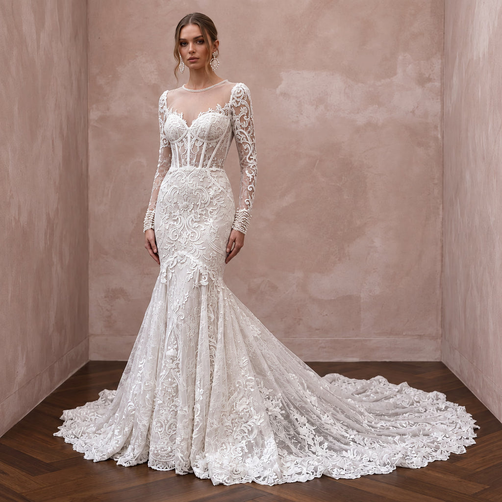 Ivory Chantilly Lace Long Sleeve Mermaid Gown for Winter Ceremony