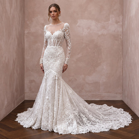 Ivory Chantilly Lace Long Sleeve Mermaid Gown for Winter Ceremony