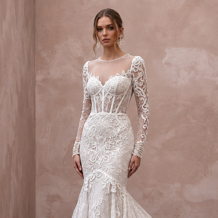 Ivory Chantilly Lace Long Sleeve Mermaid Gown for Winter Ceremony