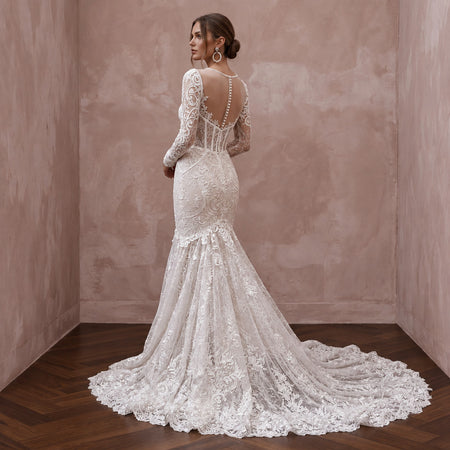 Ivory Chantilly Lace Long Sleeve Mermaid Gown for Winter Ceremony