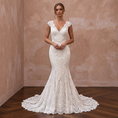 Ivory Chantilly Lace Overlay V-Neck Mermaid Dress for Evening Vows