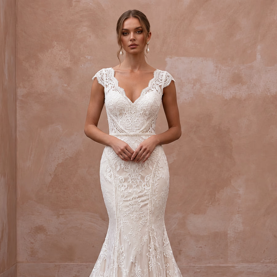 Ivory Chantilly Lace Overlay V-Neck Mermaid Dress for Evening Vows