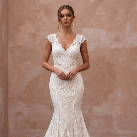 Ivory Chantilly Lace Overlay V-Neck Mermaid Dress for Evening Vows