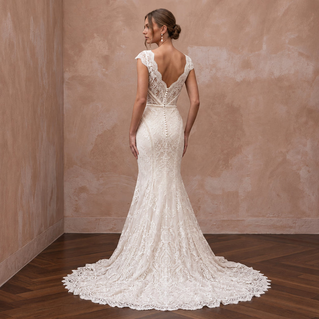Ivory Chantilly Lace Overlay V-Neck Mermaid Dress for Evening Vows