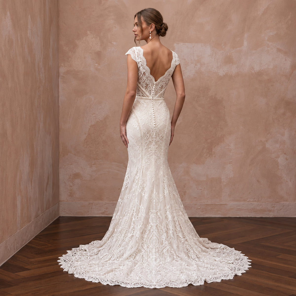 Ivory Chantilly Lace Overlay V-Neck Mermaid Dress for Evening Vows