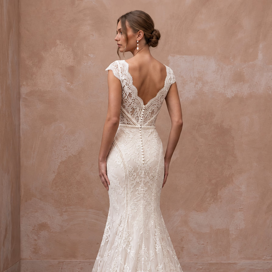 Ivory Chantilly Lace Overlay V-Neck Mermaid Dress for Evening Vows