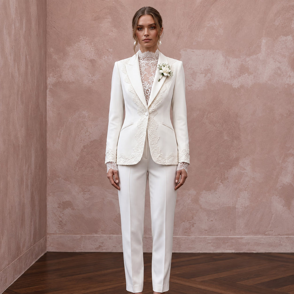 Ivory Chantilly Lace and Crepe Two-Piece Bridal Suit for City Hall