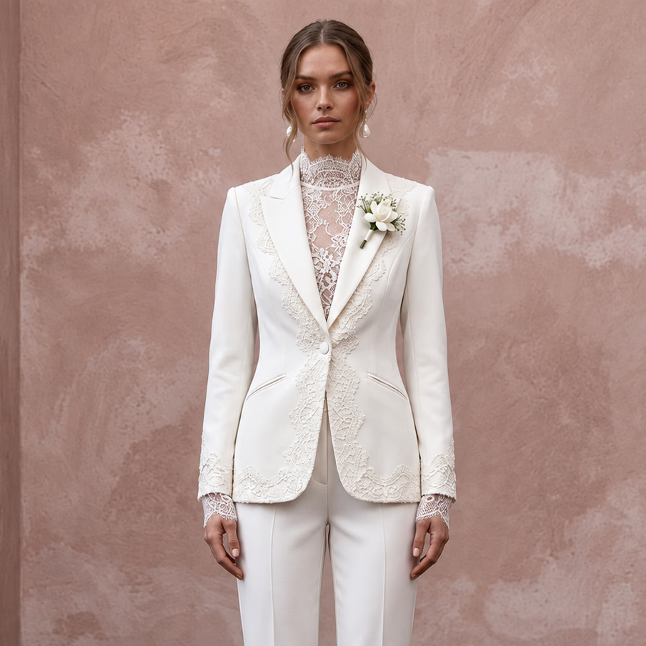 Ivory Chantilly Lace and Crepe Two-Piece Bridal Suit for City Hall