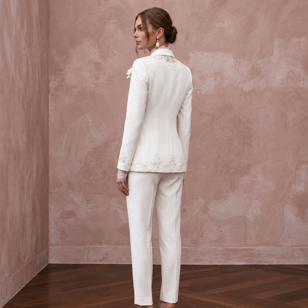 Ivory Chantilly Lace and Crepe Two-Piece Bridal Suit for City Hall