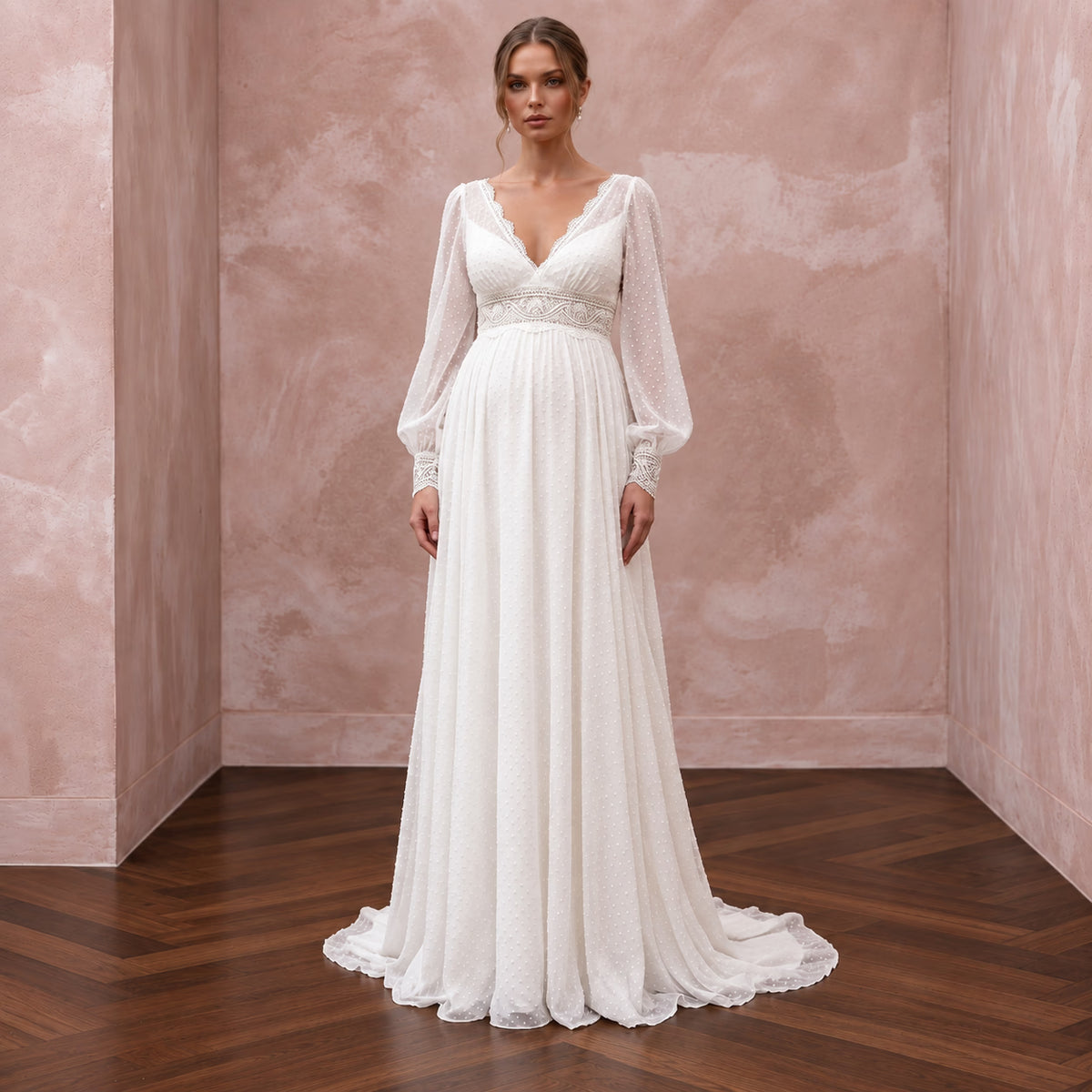 Ivory Dotted Swiss Chiffon Empire Waist Maternity Bridal Dress