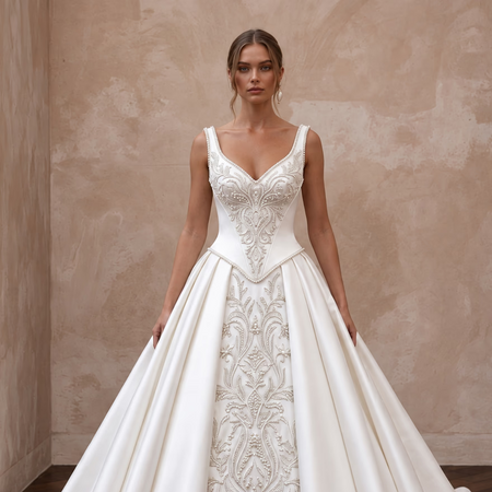 Ivory Duchess Satin Basque Waist Ball Gown for Cathedral Ceremony
