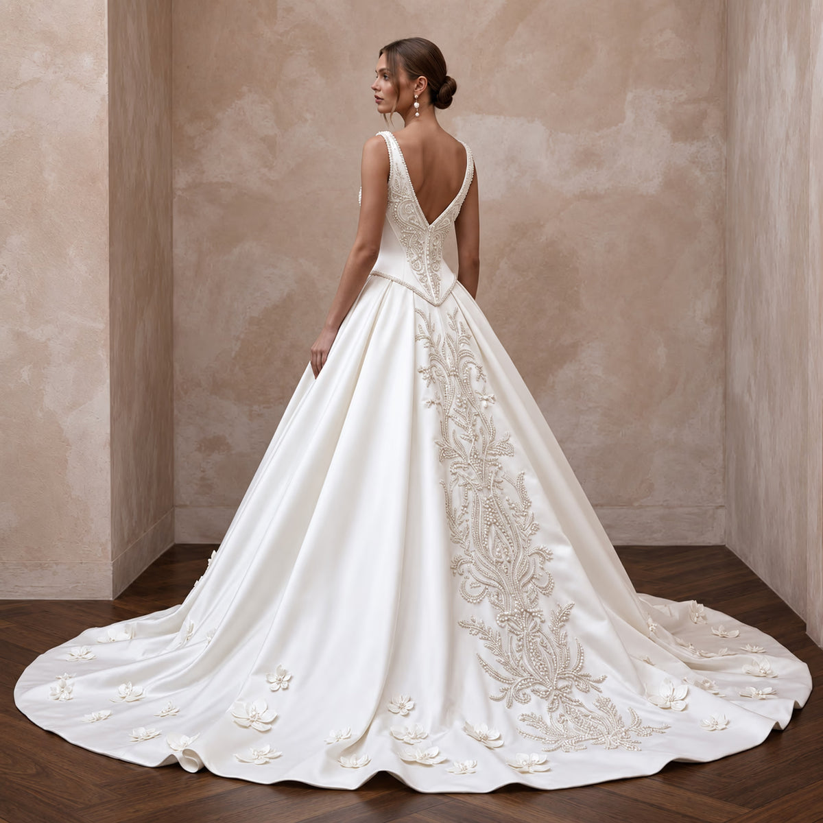 Ivory Duchess Satin Basque Waist Ball Gown for Cathedral Ceremony - Apparel & Accessories > Clothing > Wedding & Bridal Party Dresses > Wedding Dresses - Mignonette Bridal Main image