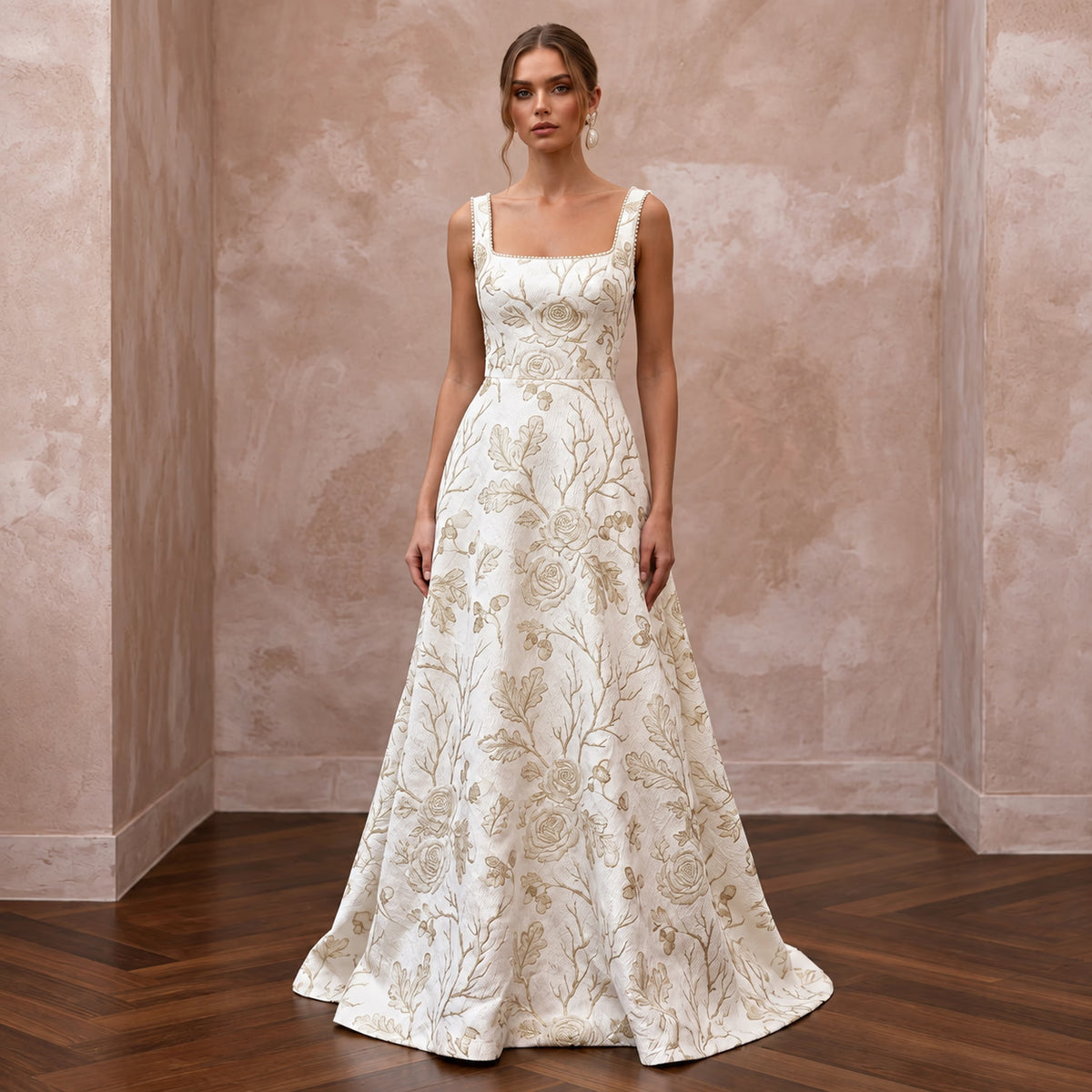 Ivory Floral Brocade Square Neck A-Line Dress for Autumn Vows