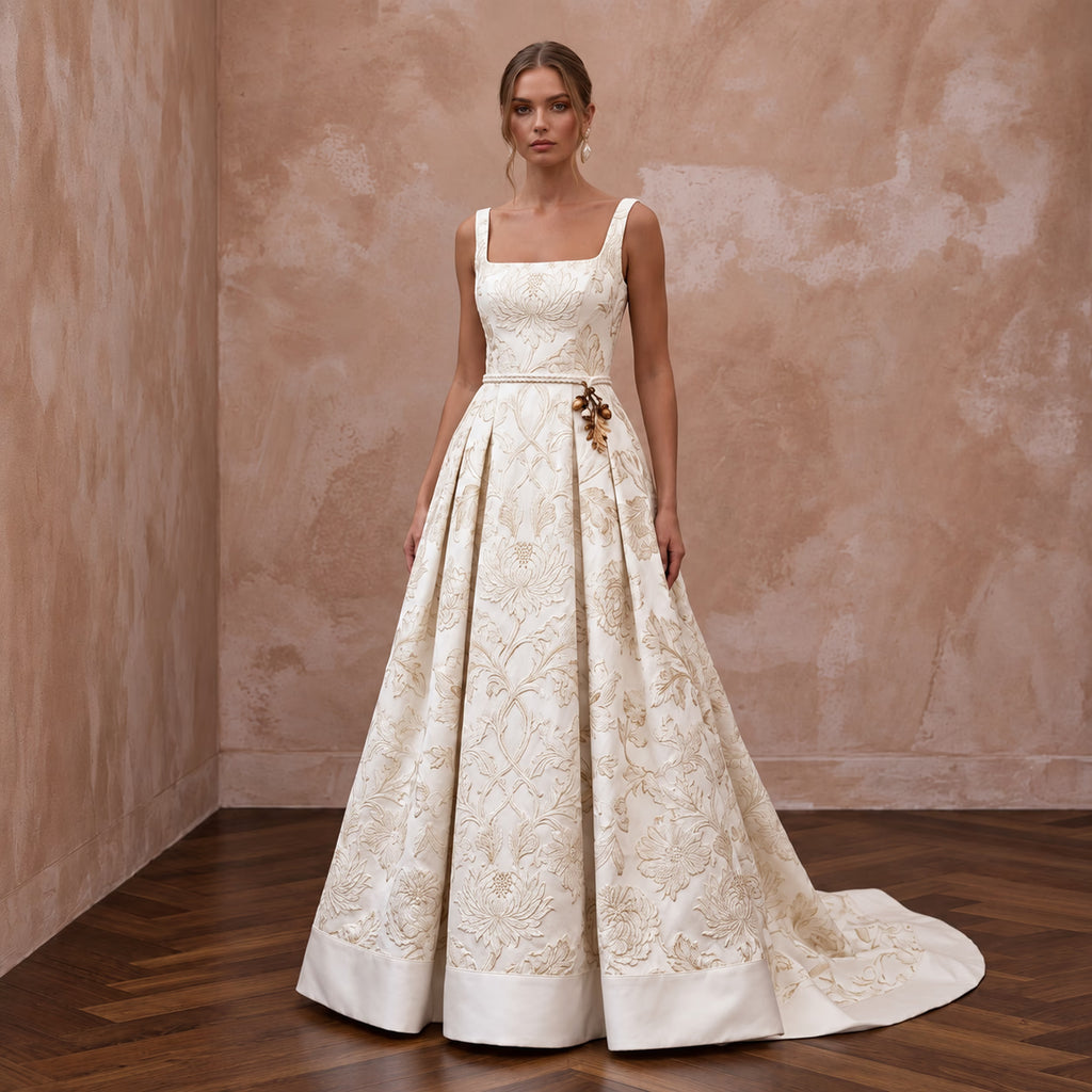 Ivory Floral Brocade Square Neck A-Line Dress for Autumn Vows
