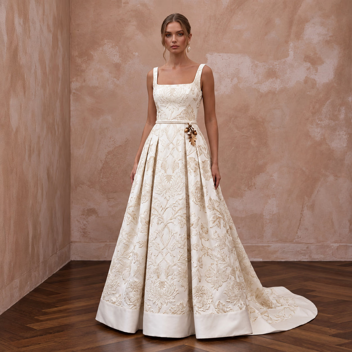 Ivory Floral Brocade Square Neck A-Line Dress for Autumn Vows