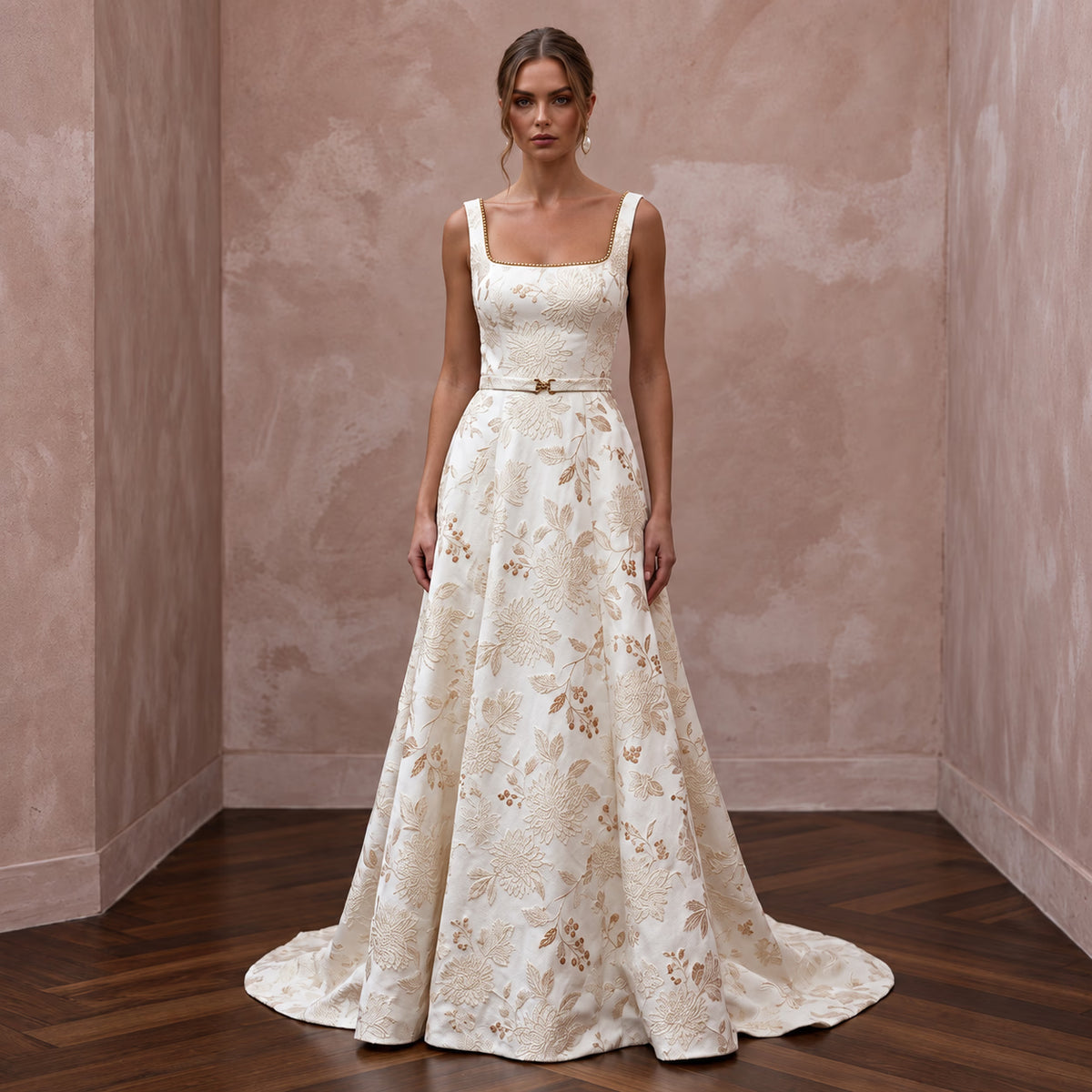 Ivory floral brocade A-line dress with square neck, perfect for autumn weddings and special occasions. Main image