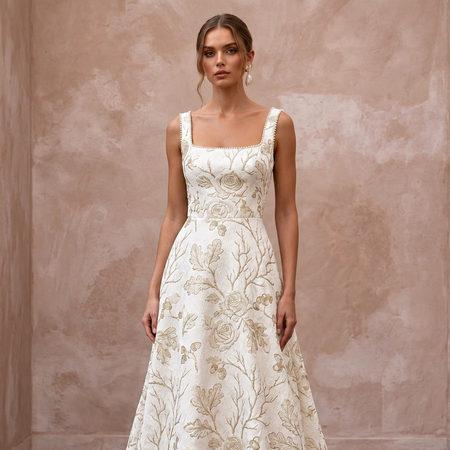 Ivory Floral Brocade Square Neck A-Line Dress for Autumn Vows