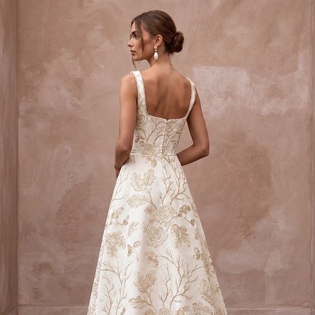 Ivory Floral Brocade Square Neck A-Line Dress for Autumn Vows