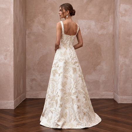 Ivory Floral Brocade Square Neck A-Line Dress for Autumn Vows