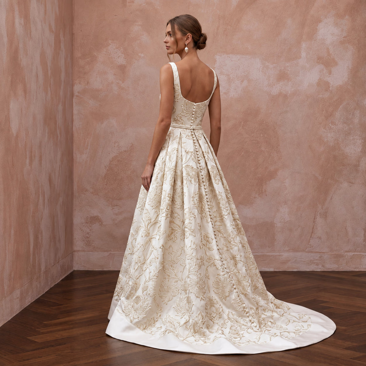 Ivory Floral Brocade Square Neck A-Line Dress for Autumn Vows