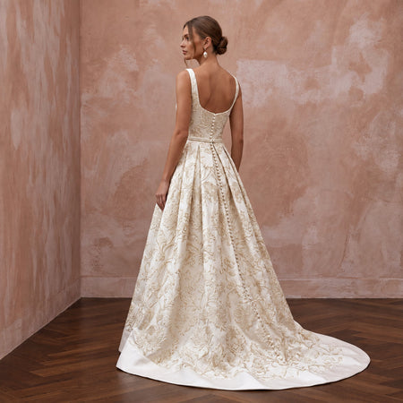 Ivory Floral Brocade Square Neck A-Line Dress for Autumn Vows