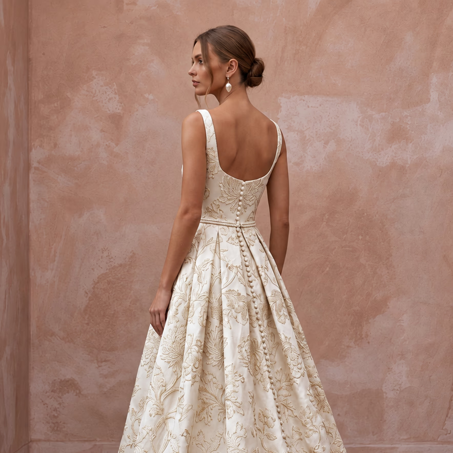 Ivory Floral Brocade Square Neck A-Line Dress for Autumn Vows