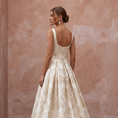 Ivory Floral Brocade Square Neck A-Line Dress for Autumn Vows
