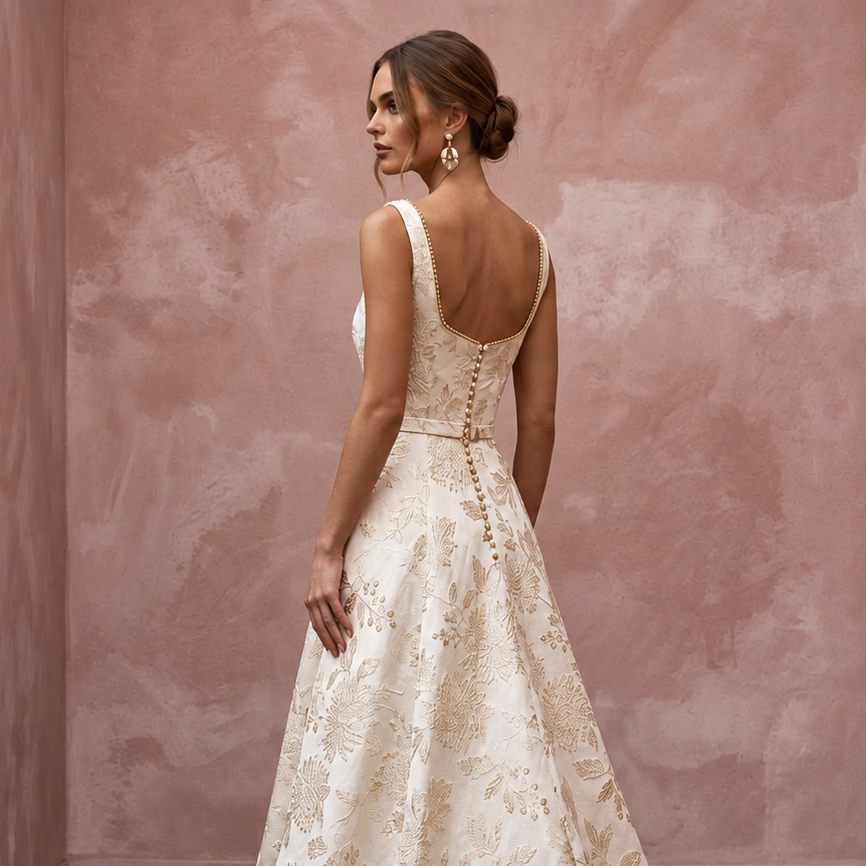 Ivory floral brocade A-line dress with square neck and intricate detailing, perfect for autumn vows.