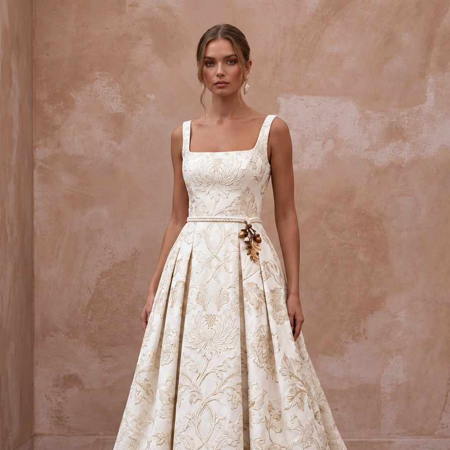 Ivory Floral Brocade Square Neck A-Line Dress for Autumn Vows