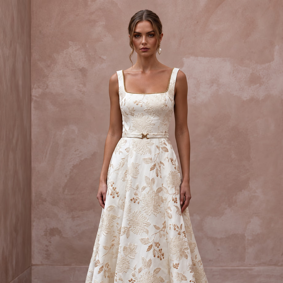 Ivory floral brocade A-line dress with square neck and elegant detailing, perfect for autumn vows.