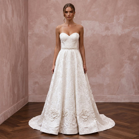 Ivory Floral Brocade Strapless Sweetheart A-Line Bridal Dress