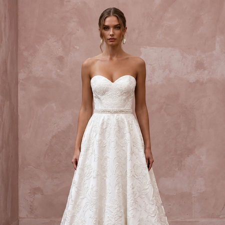 Ivory Floral Brocade Strapless Sweetheart A-Line Bridal Dress