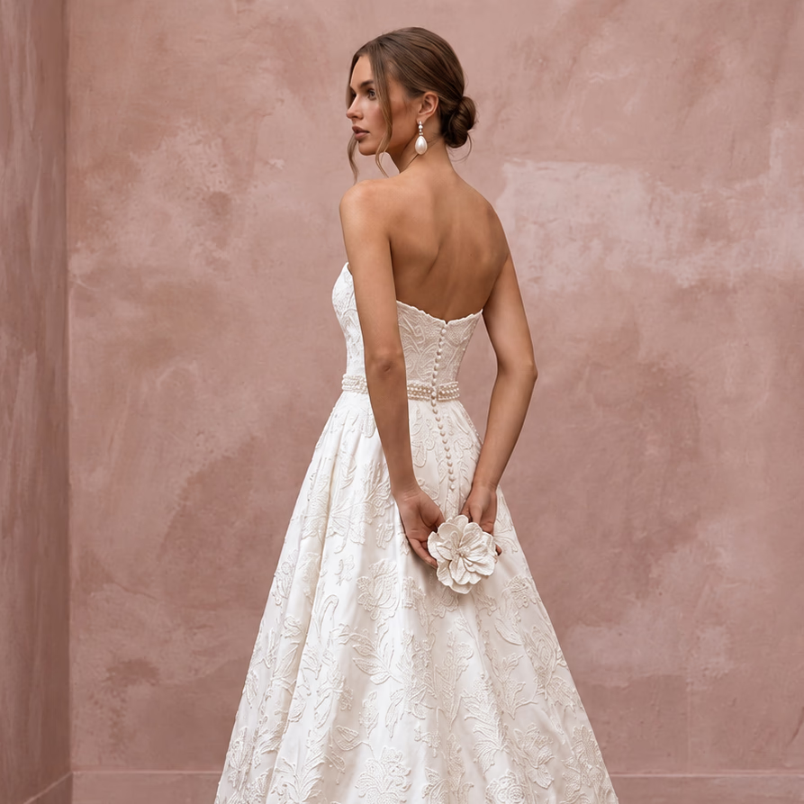 Ivory Floral Brocade Strapless Sweetheart A-Line Bridal Dress