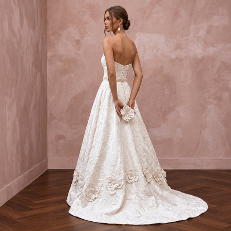 Ivory Floral Brocade Strapless Sweetheart A-Line Bridal Dress