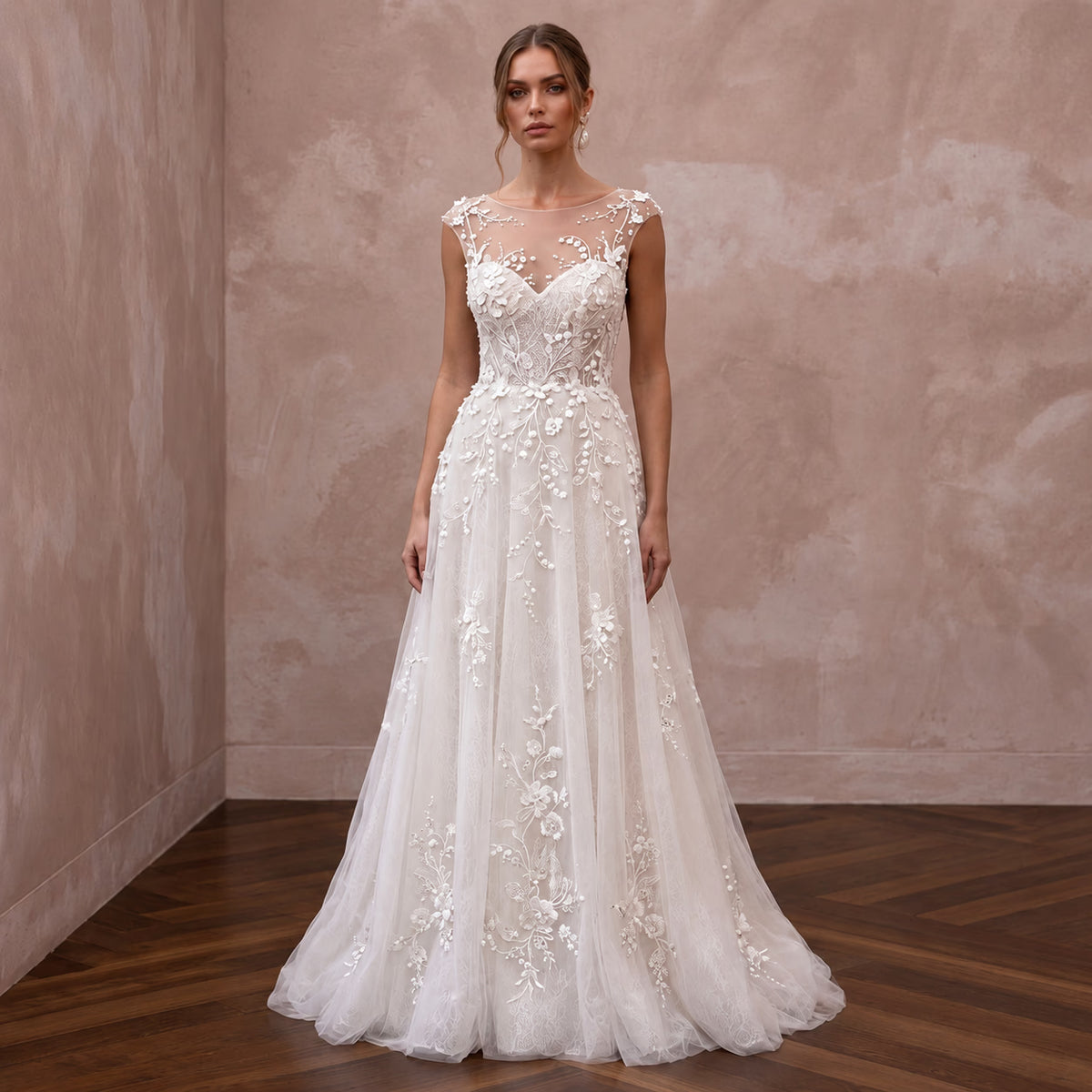 Ivory Floral Embroidered Illusion Neckline A-Line Wedding Gown