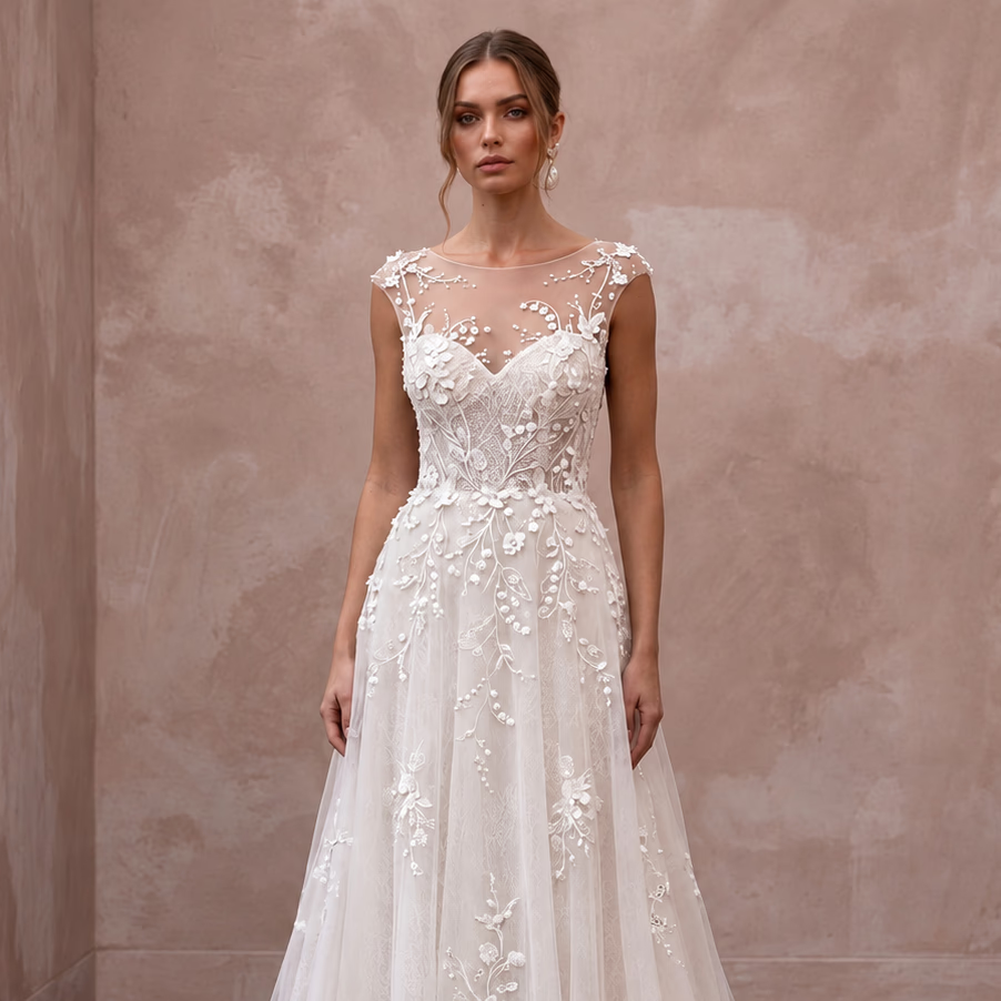 Ivory Floral Embroidered Illusion Neckline A-Line Wedding Gown