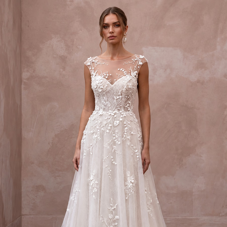 Ivory Floral Embroidered Illusion Neckline A-Line Wedding Gown