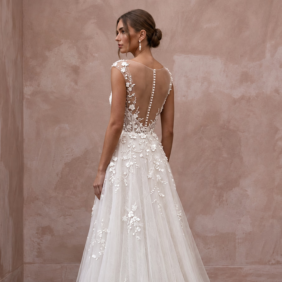 Ivory Floral Embroidered Illusion Neckline A-Line Wedding Gown