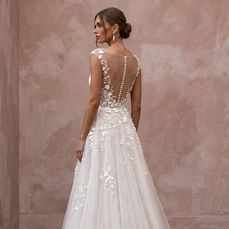 Ivory Floral Embroidered Illusion Neckline A-Line Wedding Gown