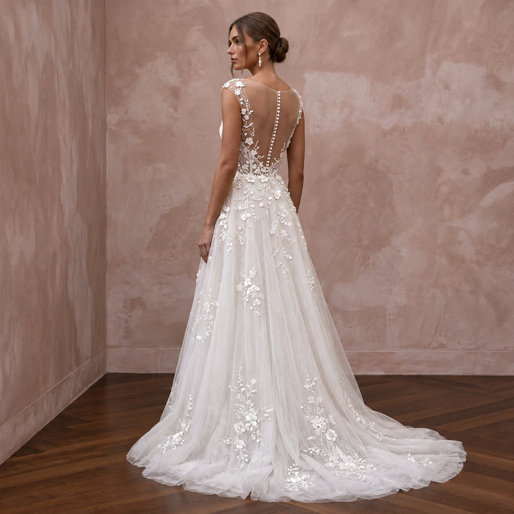 Ivory Floral Embroidered Illusion Neckline A-Line Wedding Gown