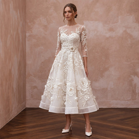 Ivory Floral Embroidered Organza Midi Dress for Post-Wedding Brunch
