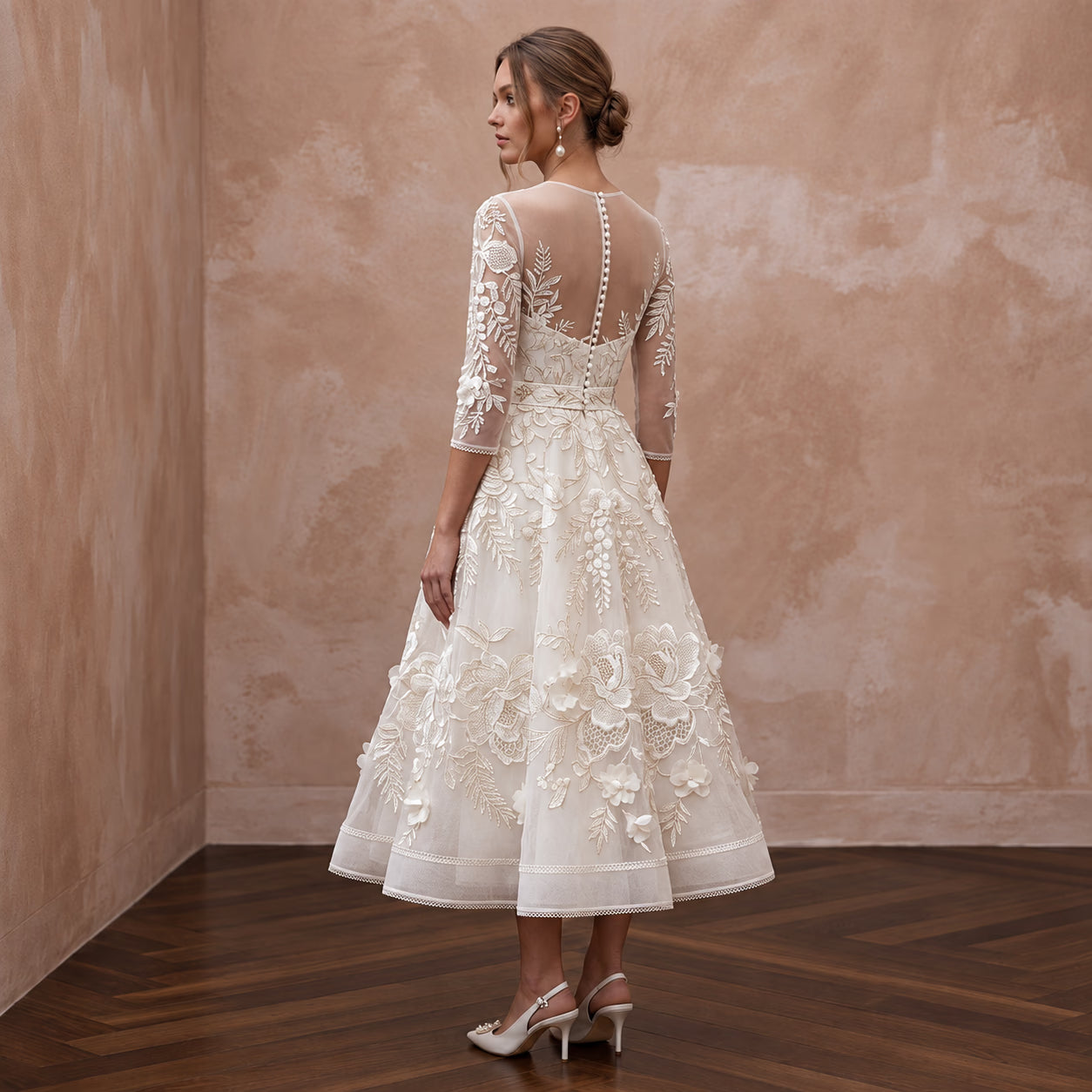 Ivory Floral Embroidered Organza Midi Dress for Post-Wedding Brunch Secondary image
