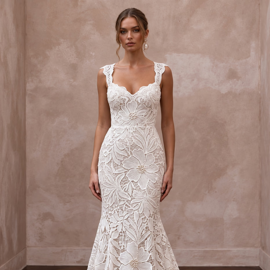 Ivory Floral Guipure Lace Trumpet Dress for Tropical Beach Ceremony