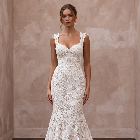 Ivory Floral Guipure Lace Trumpet Dress for Tropical Beach Ceremony